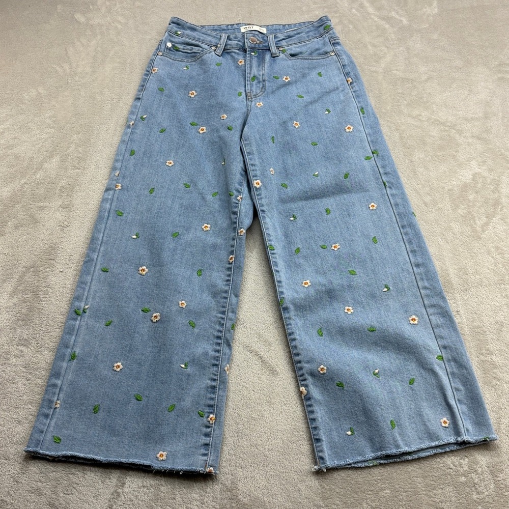OAT New York HR Wide Leg Jeans Womens 0/25 Daisy Embroidered Boho Retro Festival